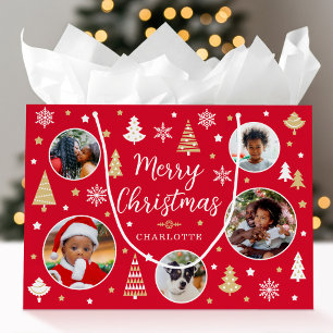 Sacola Para Presentes Grande Feliz Natal Árvores Festivas Nome Fotográfico Verm