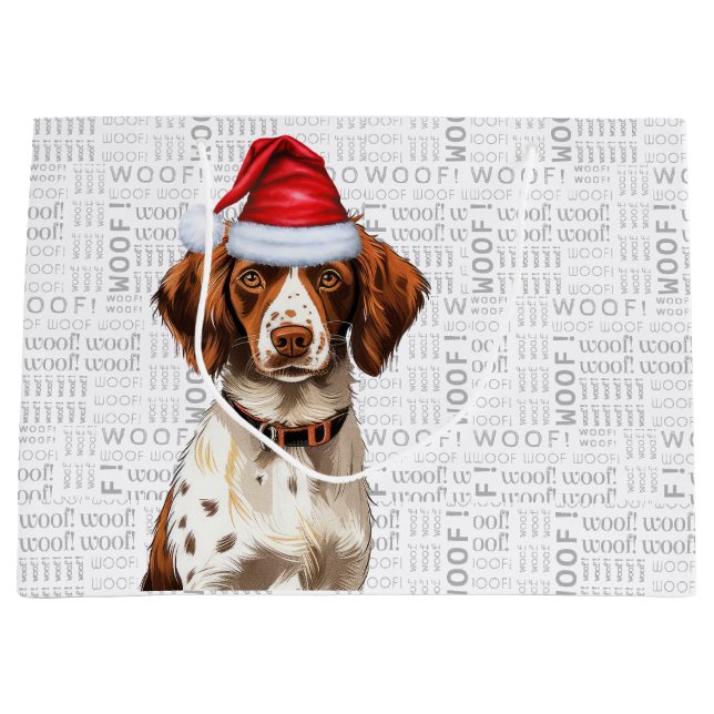 Sacola Para Presentes Grande Feliz Natal Cachorro Brittany Spaniel Holiday (Frente)