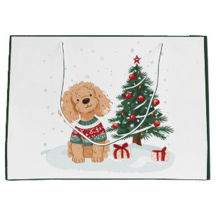 Sacola Para Presentes Grande Feliz Natal Cachorro Goldendoodle