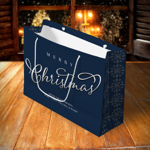 Sacola Para Presentes Grande Feliz Natal Caligrafia Marinho Azul Floco de Neve