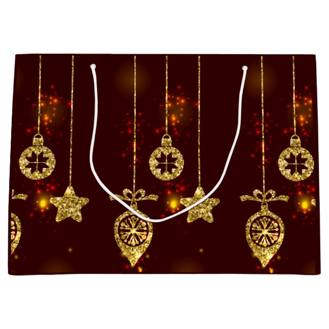 Sacola Para Presentes Grande Feliz Natal Feriado Vermelho Glitter Espumante (Frente)