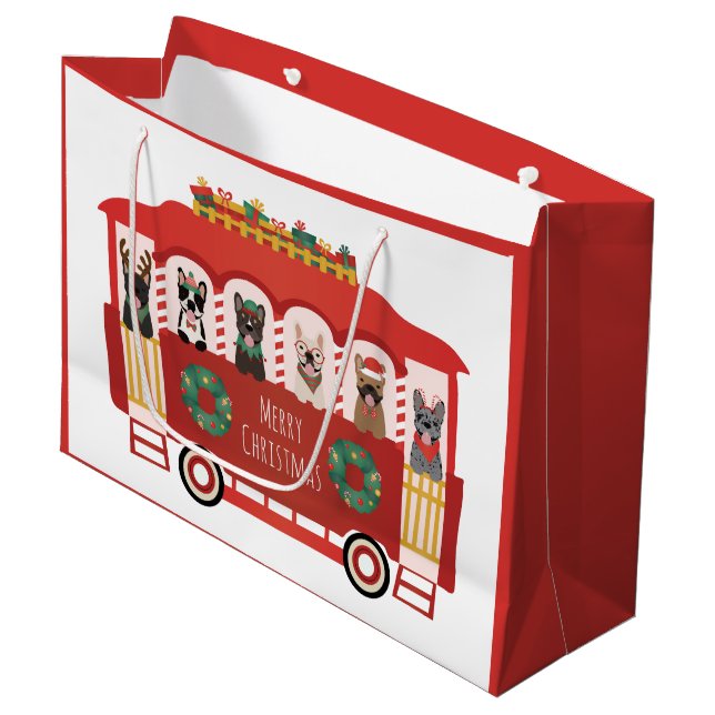 Sacola Para Presentes Grande Feliz Natal Francês Bulldog Foliday Trolly (Frente inclinada)