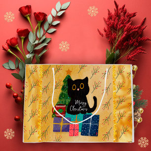 Sacola Para Presentes Grande Feliz Natal Gato Preto Fofo Café Laranja Dourado