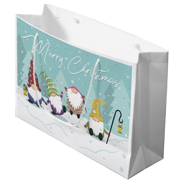 Sacola Para Presentes Grande Feliz Natal Gnomos (Frente inclinada)