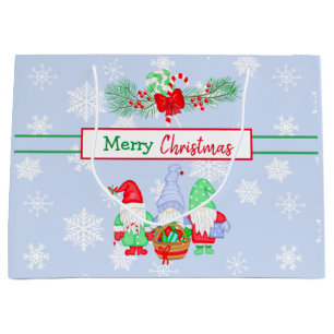 Sacola Para Presentes Grande Feliz Natal Gnomos Snowflakes Fundo Azul