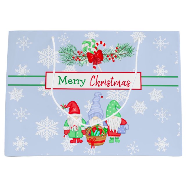 Sacola Para Presentes Grande Feliz Natal Gnomos Snowflakes Fundo Azul (Frente)