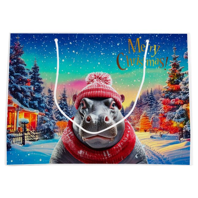 Sacola Para Presentes Grande Feliz Natal Hippo Santa Chapéu e cachecol (Frente)