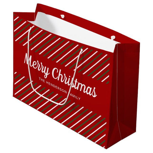Sacola Para Presentes Grande Feliz Natal Listras Brancas Vermelhas e Verdes  (Frente inclinada)