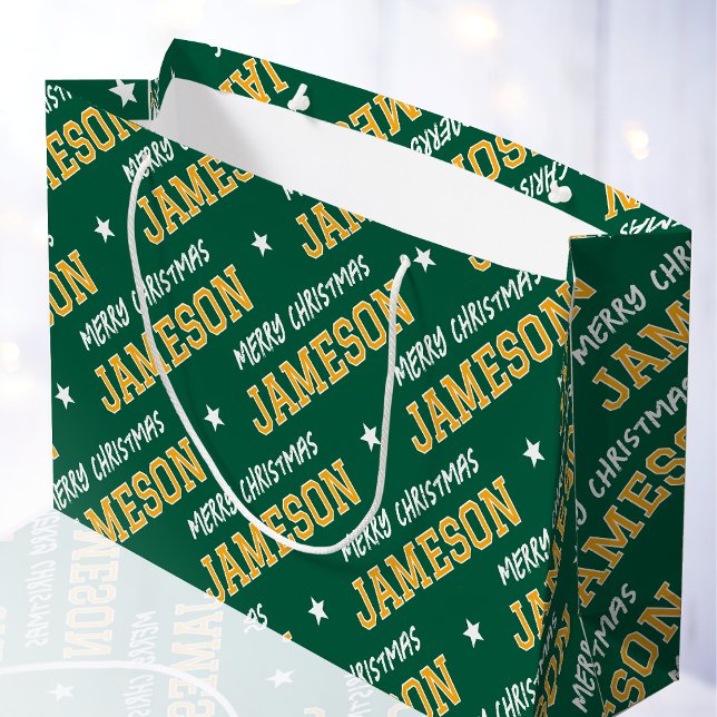 Sacola Para Presentes Grande Feliz Natal Nome Personalizado Verde Dourado (Criador carregado)