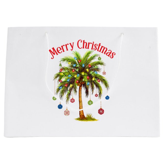 Sacola Para Presentes Grande Feliz Natal Palm Tree Light Havaiana Tropical (Frente)