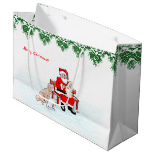 Sacola Para Presentes Grande Feliz Natal! Papai Noel com Gato e Cachorro