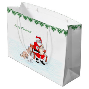 Sacola Para Presentes Grande Feliz Natal! Papai Noel com Gato e Cachorro