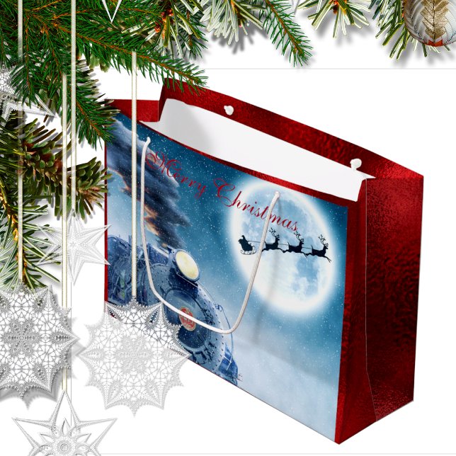 Sacola Para Presentes Grande Feliz Natal Papais noeis Treinam Foil Vermelha (Criador carregado)