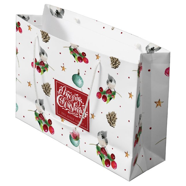 Sacola Para Presentes Grande Feliz Natal Pássaro de inverno Personalizado (Frente inclinada)