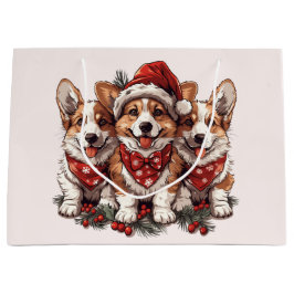 Sacola Para Presentes Grande Feliz Natal Pembroke Welsh Corgi Puppies