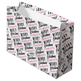 Sacola Para Presentes Grande Feliz Natal Personalizado Nome Rosa Trendência