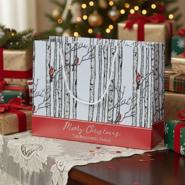 Sacola Para Presentes Grande Feliz Natal Red Cardinal Bird & Birch Tree (Modern Nature Wildlife Pattern. Hand Drawn Cardinal Birds in Winter Birch Tree Forest. Red & Blue)