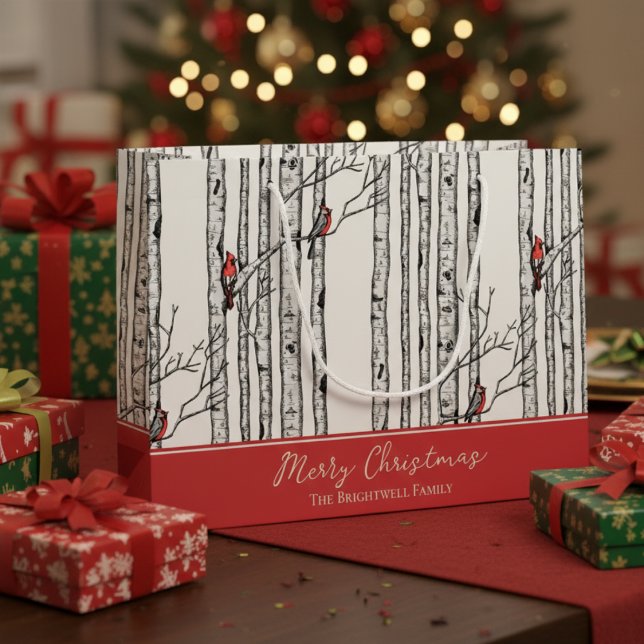 Sacola Para Presentes Grande Feliz Natal Red Cardinal Bird & Birch Tree (Modern Nature Wildlife Pattern. Hand Drawn Cardinal Birds in Winter Birch Tree Forest. Red & Ivory)