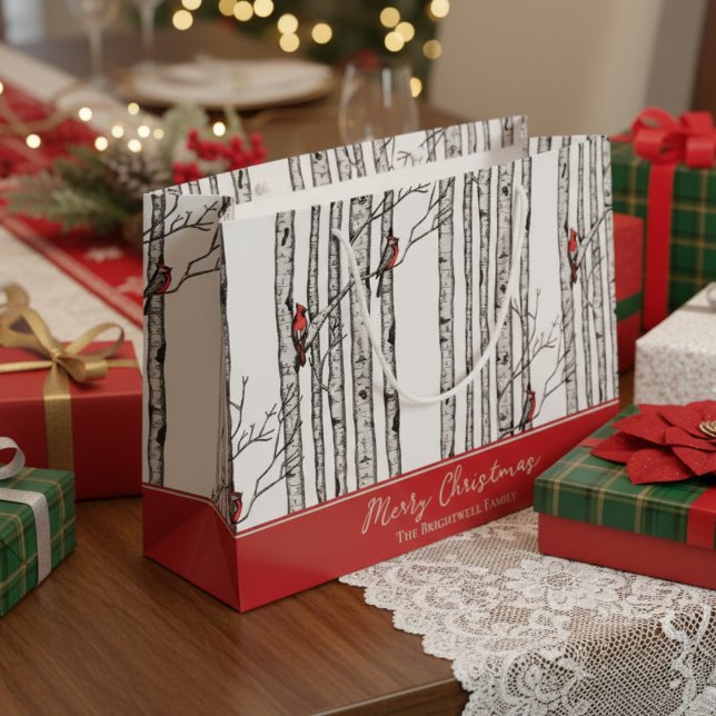 Sacola Para Presentes Grande Feliz Natal Red Cardinal Bird & Birch Tree (Modern Nature Wildlife Pattern. Hand Drawn Cardinal Birds in Winter Birch Tree Forest. Red & White)