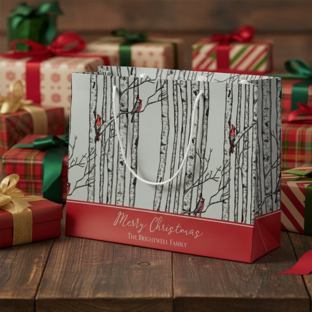 Sacola Para Presentes Grande Feliz Natal Red Cardinal Bird & Birch Tree (Modern Nature Wildlife Pattern. Hand Drawn Cardinal Birds in Winter Birch Tree Forest. Red & Green)