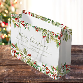 Sacola Para Presentes Grande Feliz Natal Red Holly Greenery Personalizado