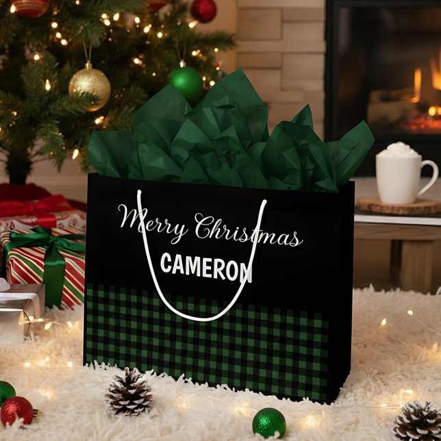 Sacola Para Presentes Grande Feliz Natal Rustic Green & Black Buffalo Xadrez (Criador carregado)