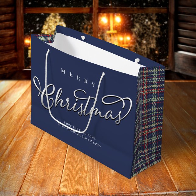 Sacola Para Presentes Grande Feliz Natal - Script de Caligrafia Marinho Xadrez  (Merry Christmas holiday navy blue large gift bag,)