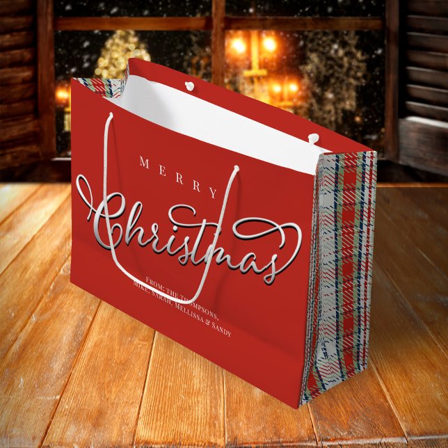 Sacola Para Presentes Grande Feliz Natal - Script de Caligrafia - Xadrez Vermel (Merry Christmas holiday red and green plaid pattern gift bag.)