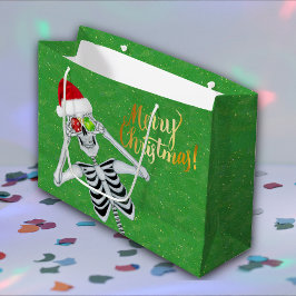 Sacola Para Presentes Grande Feliz Natal Skeleton Papai Noel Verde