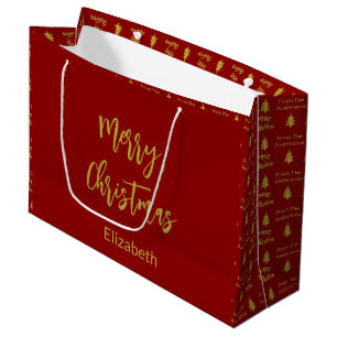 Sacola Para Presentes Grande Feliz Natal, Vermelho Profundo e Árvores de Nomes