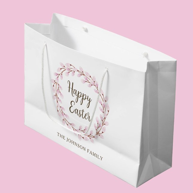 Sacola Para Presentes Grande Feliz Páscoa Doce Salgueiro Rosa (Happy Easter Cute Pink Pussy Willow Large Gift Bag)