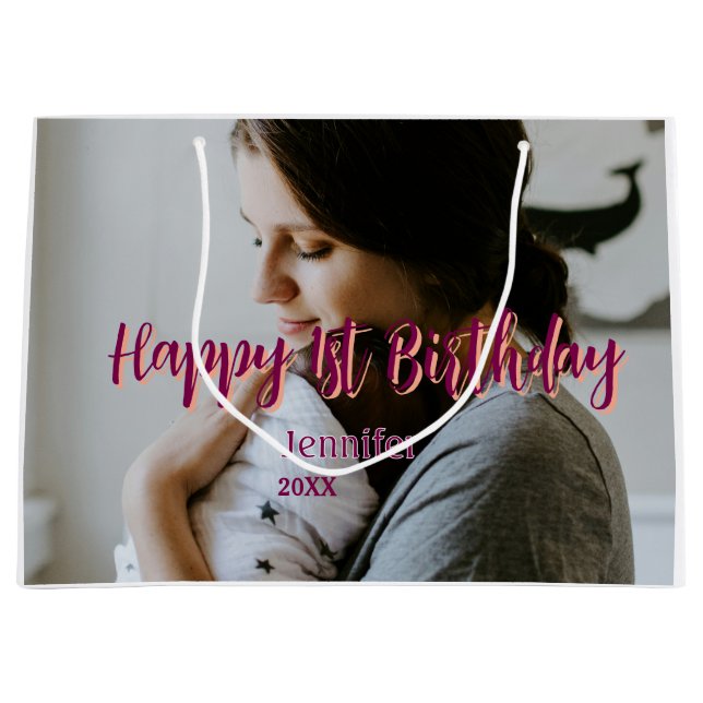 Sacola Para Presentes Grande Feliz primeiro aniversario, bebê mãe vermelha, lar (Frente)