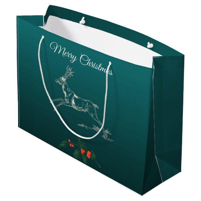 Sacola Para Presentes Grande Feliz Reindeer de Natal e Mistletoe (Verso inclinado)