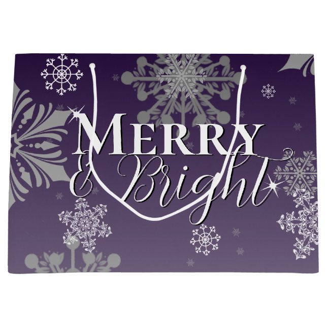 Sacola Para Presentes Grande Feliz roxa e flocos de neve brilhantes Natal (Frente)