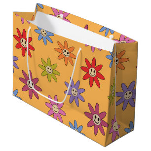 Sacola Para Presentes Grande Feliz Sorriso Flores Retro em Amarelo