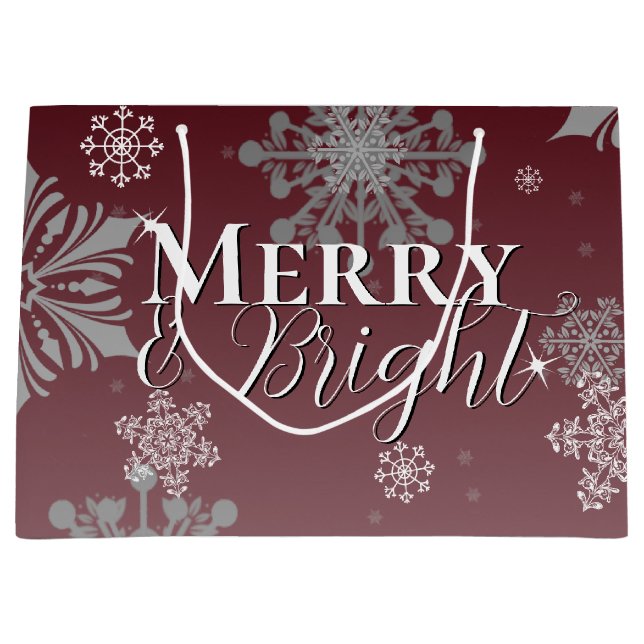 Sacola Para Presentes Grande Feliz vermelha e flocos de neve brilhantes Natal (Frente)