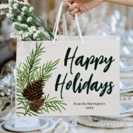 Sacola Para Presentes Grande Felizes Feriados Aquarela Inverno Pine Ivory