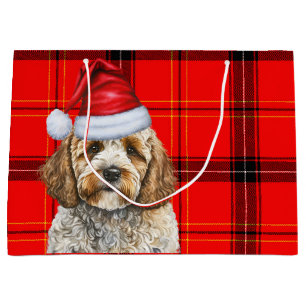 Sacola Para Presentes Grande Feriado de Cachorro de Natal na Xadrez Vermelha