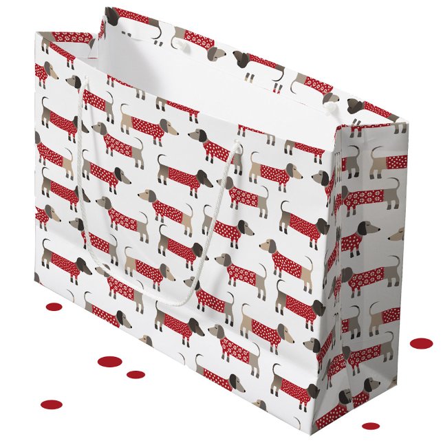 Sacola Para Presentes Grande Feriado de Canino de Salsicha de Dachshund (Gift bag featuring festive Dachshund Sausage Wiener Dogs in red and white knitwear)