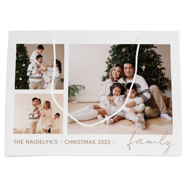 Sacola Para Presentes Grande Feriado de Colagem de Fotos da Família de Script S (Frente)