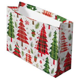 Sacola Para Presentes Grande Feriado de Padrão de Árvore de Natal da Xadrez Whi