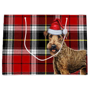 Sacola Para Presentes Grande Feriado do Cão de Airedale Terrier, Xadrez Vermelh