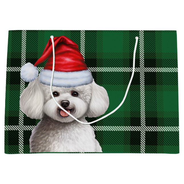 Sacola Para Presentes Grande Feriado do Cão Fúria de Natal Bichon, Xadrez de Na (Frente)