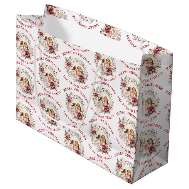 Sacola Para Presentes Grande Ferida de Natal com flores vermelhas e fotografia (Frente inclinada)