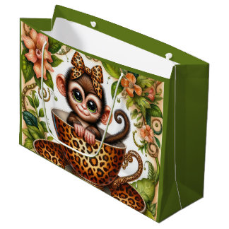 Sacola Para Presentes Grande Festa de amantes de macaco de xícara fofa