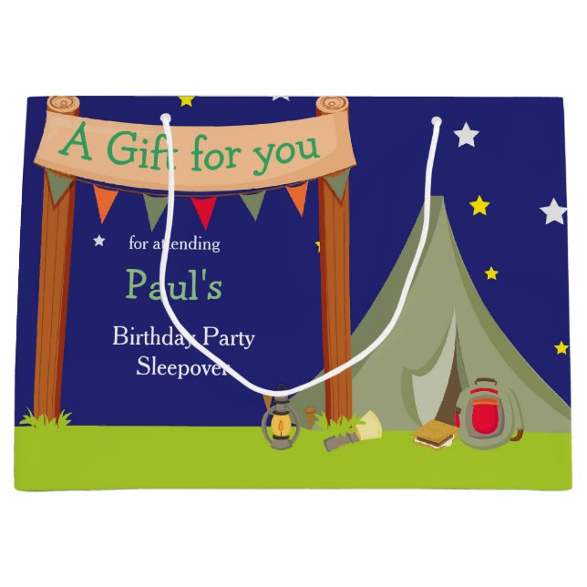 Sacola Para Presentes Grande Festa de aniversário de acampamento Sleepover Khak (Frente)