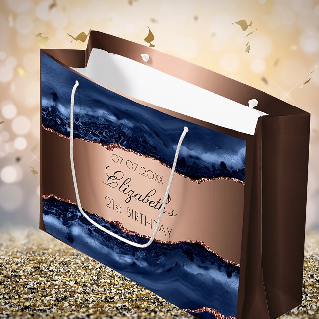 Sacola Para Presentes Grande Festa de aniversário de cobre agata azul (Criador carregado)