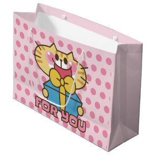 Sacola Para Presentes Grande Festa de Bolinhas Rosa, Bebê, Cartoon de Gato Boni