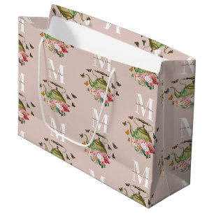 Sacola Para Presentes Grande Festa de Chás Monograma Rosa Floral e Borboletas