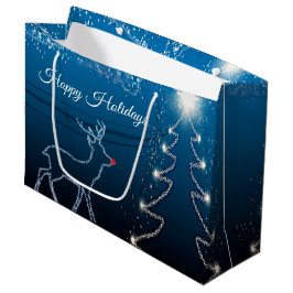 Sacola Para Presentes Grande Festa de Natal Rena Árvore Céu Azul Estrelas Brilh